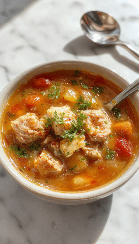 A steaming bowl of homemade leftover turkey soup featuring tender turkey pieces, vibrant vegetables, and herbs in a clear, savory broth placed on a rustic wooden table with fresh ingredients scattered around