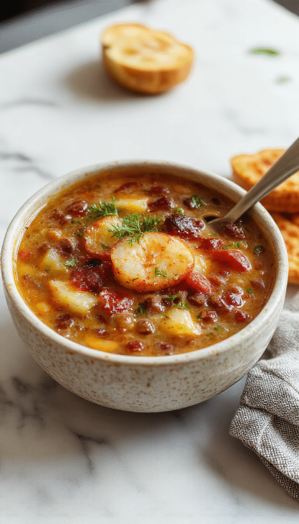 A warm bowl of hearty lentil and potato soup with a golden broth, topped with chopped parsley and a dollop of sour cream. The soup contains tender lentils, chunky potatoes, and vibrant green herbs, served in a rustic white bowl on a cozy wooden table with a spoon beside it.