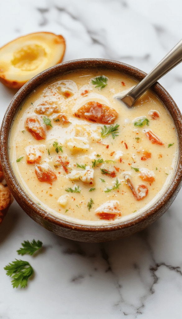 A vibrant bowl of creamy vegetable soup topped with fresh herbs, featuring colorful carrots, green beans, and potatoes in a rich, smooth broth, styled with a rustic spoon on a wooden table.