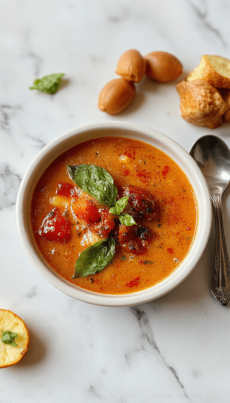 A vibrant bowl of roasted tomato basil soup garnished with fresh basil leaves, served in a rustic white bowl on a wooden table, with a drizzle of olive oil and a side of crusty bread, highlighting the rich red and green colors, textured surface of the soup, and fresh herbs.