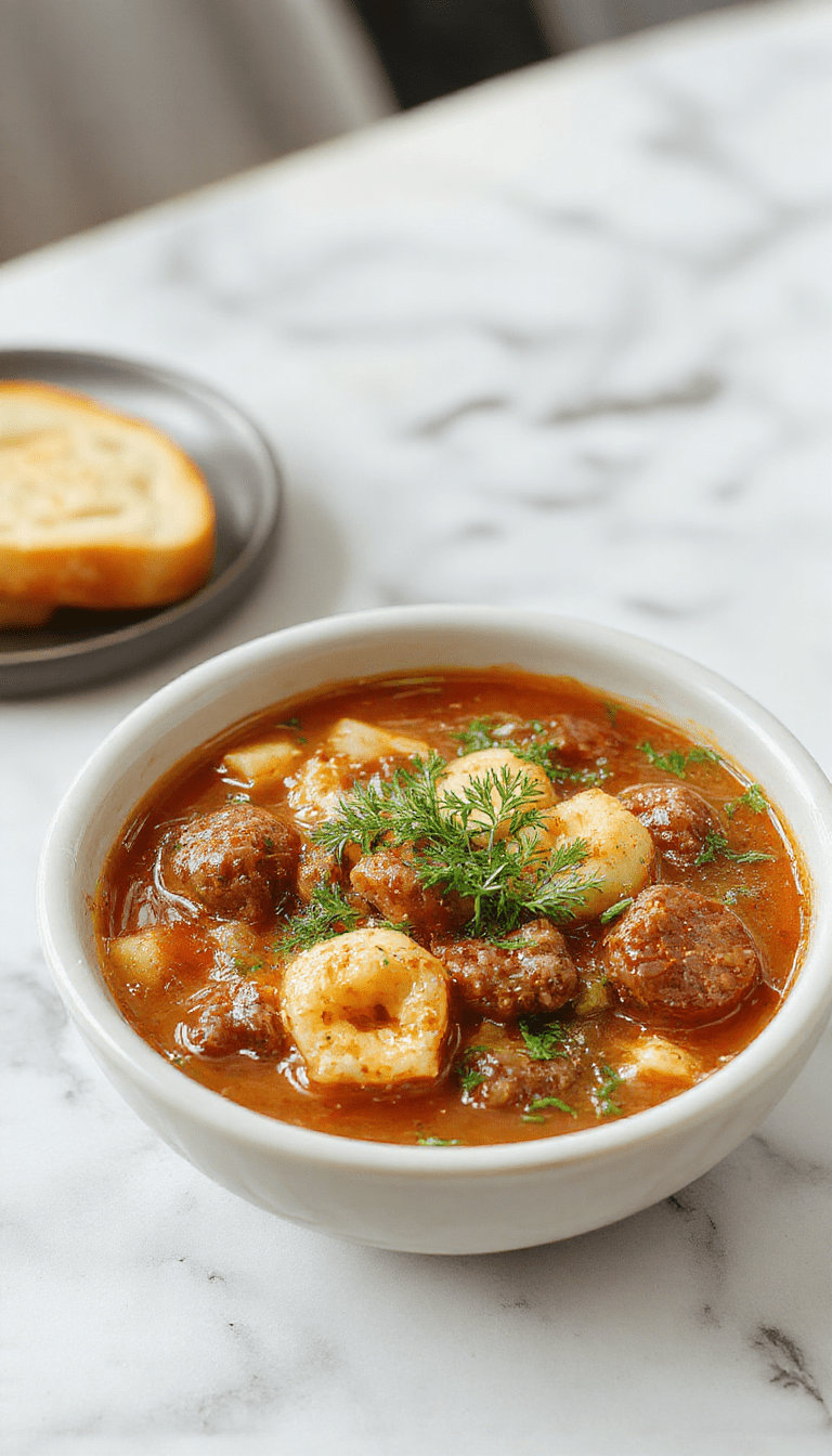 A vibrant bowl of sausage and tortellini soup topped with fresh green herbs, displaying tender tortellini and chunks of sausage in a flavorful broth, with a rustic spoon and a garnished sprig of parsley, set against a warm, inviting table.
