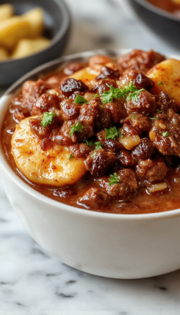 A bowl of rich beef chili topped with shredded cheese and fresh cilantro sits on a rustic wooden table, surrounded by sliced bell peppers, onions, and a loaf of crusty bread, with steam rising highlighting the hearty textures and vibrant colors.