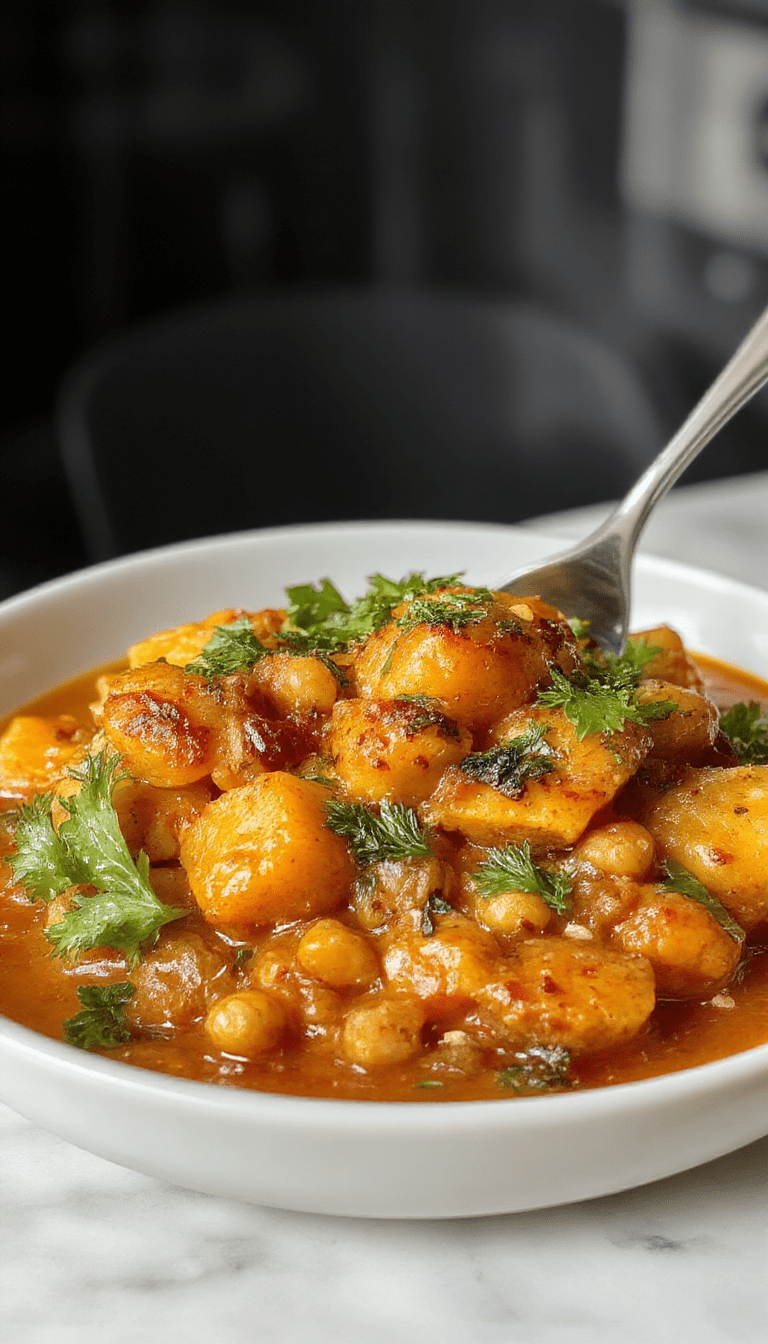 Colorful sweet potato and chickpea curry served in a rustic bowl, garnished with fresh cilantro and red chili flakes, showcasing vibrant orange sweet potatoes, creamy chickpeas, and a rich, spicy tomato-based sauce with a textured surface and aromatic herbs, styled on a wooden table with a side of naan bread.