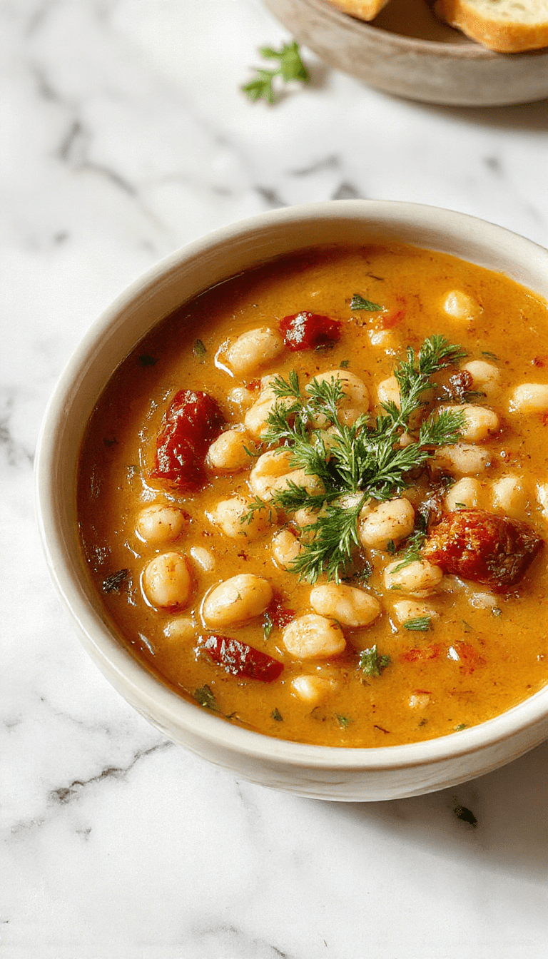 A vibrant bowl of Tuscan white bean soup showcasing creamy white beans, chopped kale, and slices of crusty bread on a rustic wooden table, illuminated with warm natural light, displaying hearty textures and fresh herbs garnished on top.