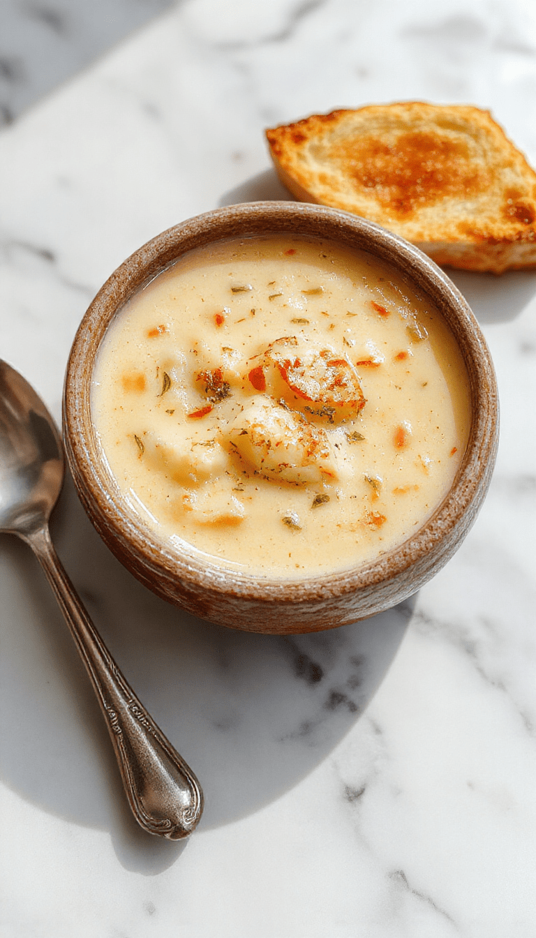 A steaming bowl of white lasagna soup with a rich creamy broth, topped with melted cheese, chopped parsley, and bits of cooked pasta and ground meats, presented on a rustic wooden table with a spoon beside and fresh herbs for garnish