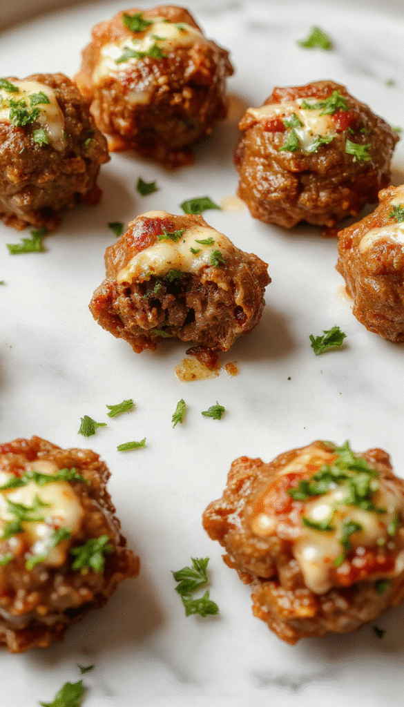 A close-up of golden-brown beef bites glazed with garlic butter, served on a rustic white plate with fresh parsley garnish, capturing a juicy, tender texture with a glossy sheen and aromatic herbs scattered around.