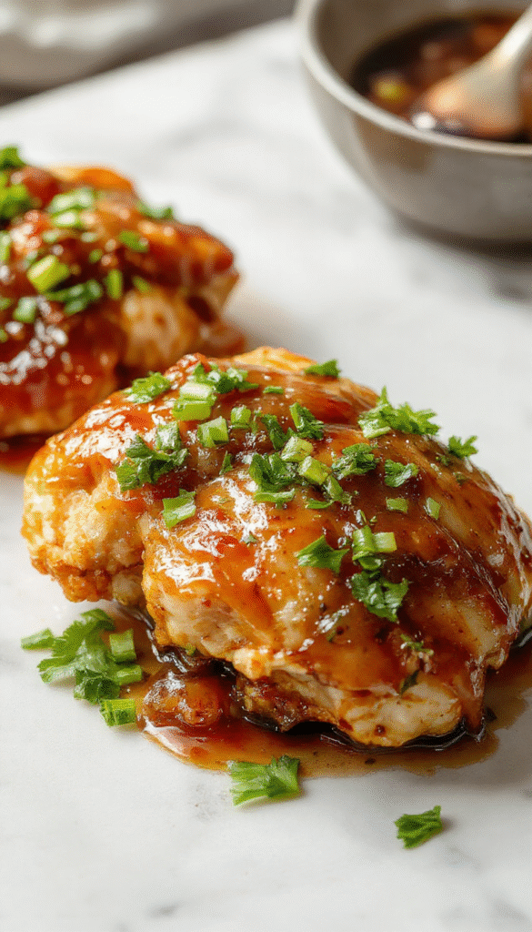 A vibrant plate of honey garlic chicken featuring perfectly cooked golden-brown chicken breasts glazed with a sticky honey garlic sauce, garnished with fresh green herbs, served on a rustic white plate with a side of steamed vegetables and a drizzle of sauce, styled with a glossy finish highlighting the succulent texture and savory glaze.