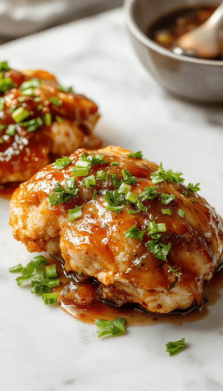 A vibrant plate of honey garlic chicken featuring perfectly cooked golden-brown chicken breasts glazed with a sticky honey garlic sauce, garnished with fresh green herbs, served on a rustic white plate with a side of steamed vegetables and a drizzle of sauce, styled with a glossy finish highlighting the succulent texture and savory glaze.