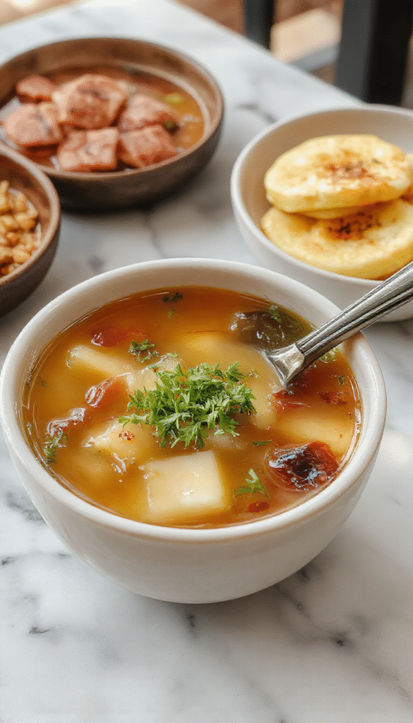 A pristine bowl of Japanese clear soup featuring a delicate, transparent broth garnished with vibrant green onions, thin slices of mushrooms, and a sprinkle of seaweed. The bowl is elegant and minimalistic, placed on a wooden table with subtle steam rising, showcasing the light, nourishing textures of the soup with crisp garnishes and a beautifully balanced presentation.