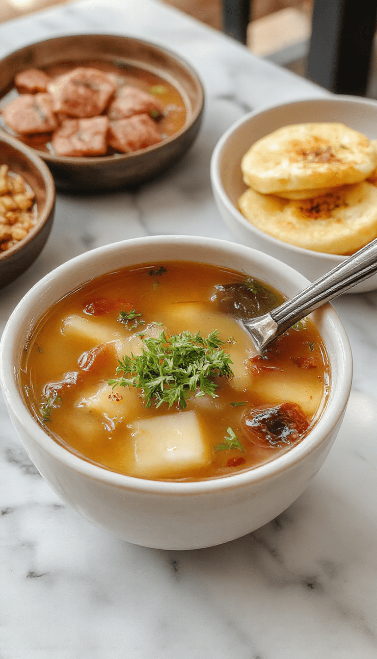 A pristine bowl of Japanese clear soup featuring a delicate, transparent broth garnished with vibrant green onions, thin slices of mushrooms, and a sprinkle of seaweed. The bowl is elegant and minimalistic, placed on a wooden table with subtle steam rising, showcasing the light, nourishing textures of the soup with crisp garnishes and a beautifully balanced presentation.