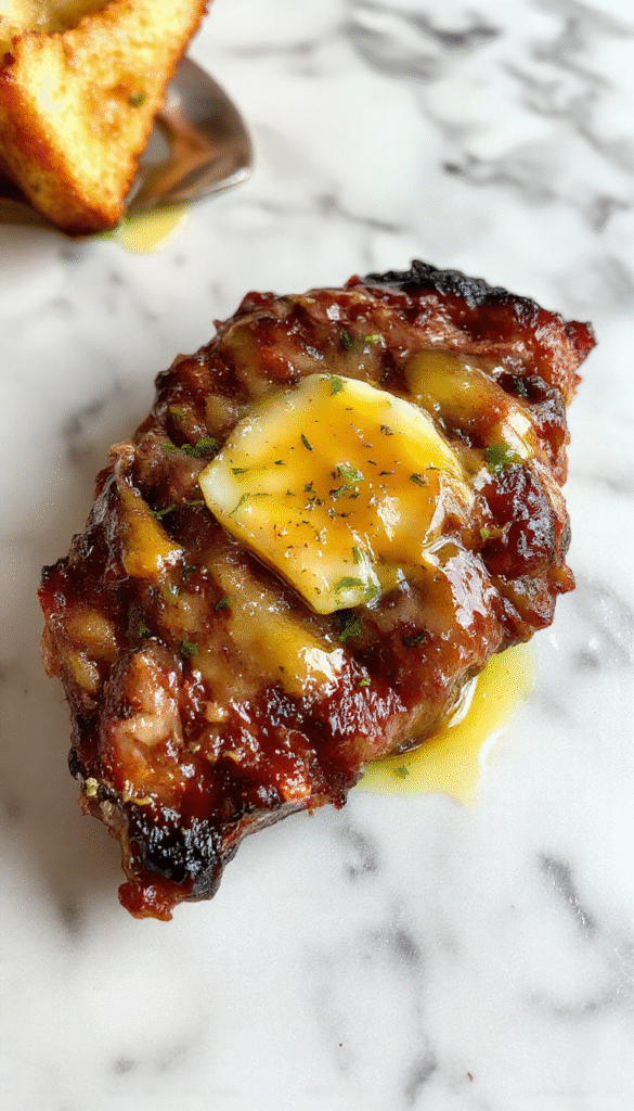 A perfectly cooked, juicy steak with a golden-brown crust sits on a white plate, drizzled with glossy butter sauce. The steak is garnished with fresh herbs and accompanied by roasted vegetables, all on a rustic wooden table with a soft, warm lighting that highlights the textures and rich colors of the dish.