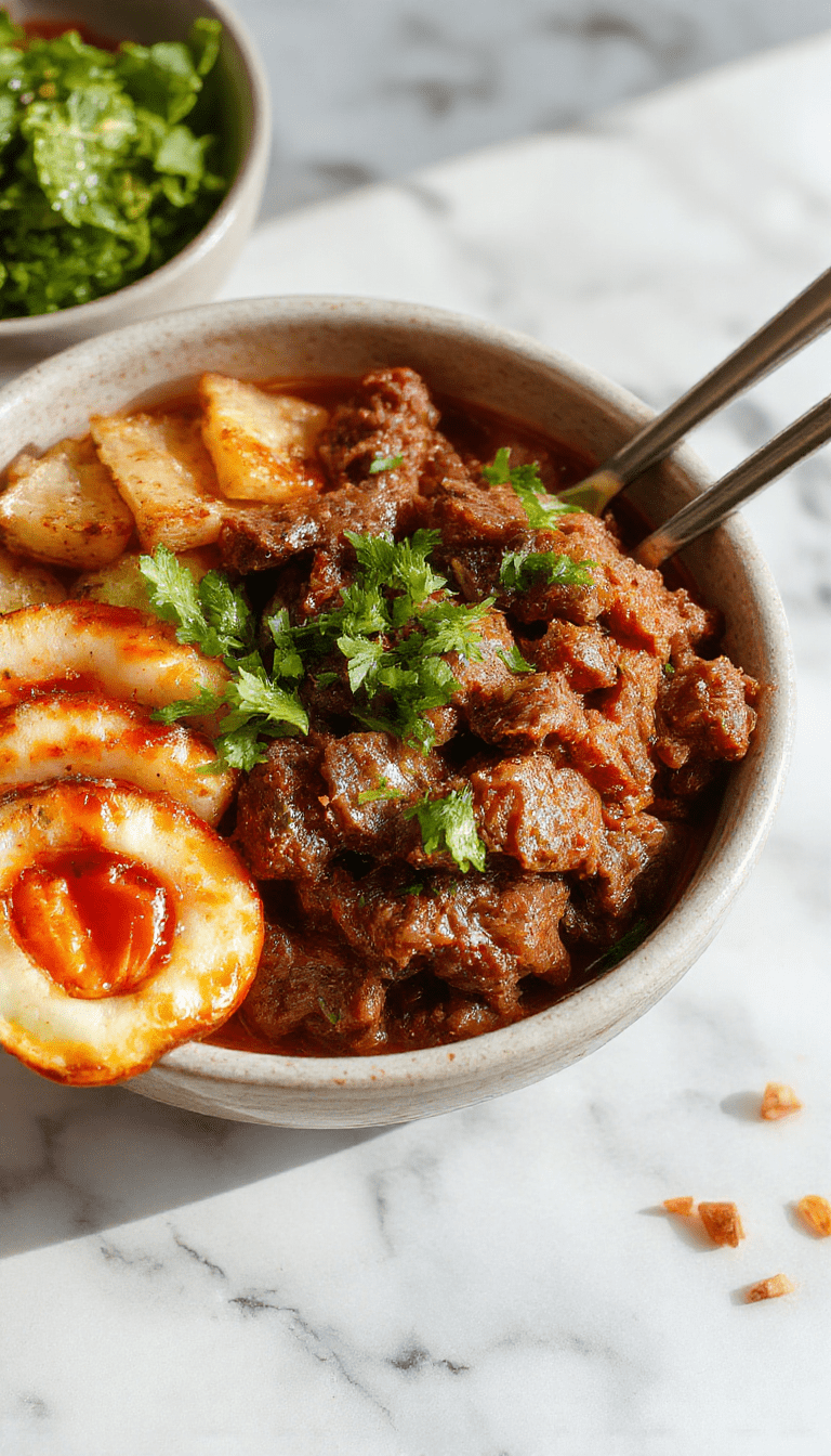 A vibrant bowl featuring ground beef cooked with Korean spices, topped with sliced green onions, sesame seeds, and served over steamed rice. The dish displays a glossy, flavorful sauce with a colorful garnish, arranged attractively on a rustic wooden plate with chopsticks resting beside it.
