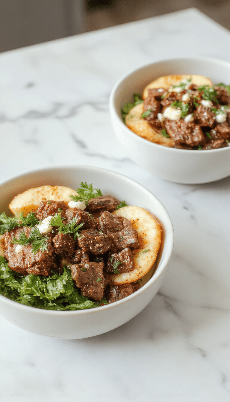 Colorful Mediterranean steak bowls featuring slices of grilled beef, cherry tomatoes, cucumbers, olives, and feta cheese arranged on a vibrant plate with fresh herbs, drizzled with olive oil, showcasing rich textures and bright colors