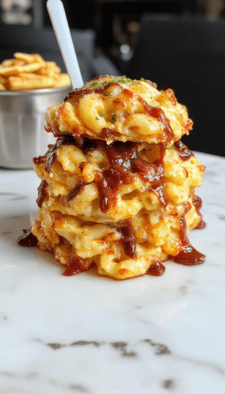 A vibrant bowl of Monster Mac and Cheese with gooey melted cheese and crispy breadcrumb topping, garnished with chopped herbs, served on a rustic wooden table with a colorful background, showcasing the rich textures and tempting appearance.