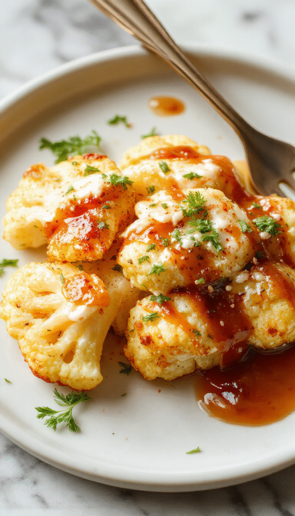 A vibrant plate of roasted cauliflower florets coated in rich tahini and drizzled with golden honey, garnished with fresh herbs on a rustic wooden table with colorful side elements.