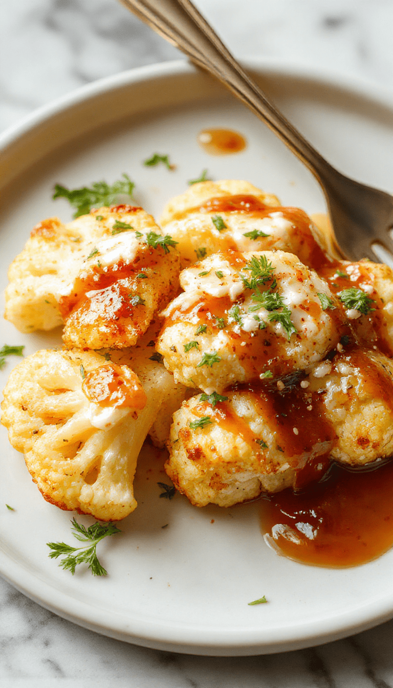 A vibrant plate of roasted cauliflower florets coated in rich tahini and drizzled with golden honey, garnished with fresh herbs on a rustic wooden table with colorful side elements.