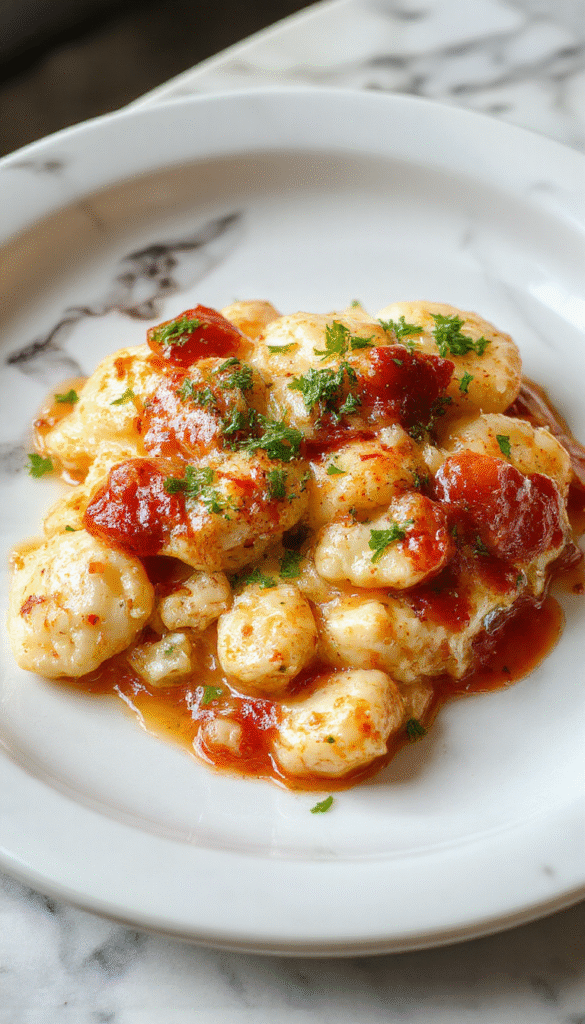 A vibrant, golden-brown chicken pot pie with fluffy gnocchi topping served on a rustic wooden table. The dish is garnished with fresh herbs and showcases its creamy filling visible through a sliced piece, highlighting textures of tender chicken, flaky crust, and soft gnocchi.