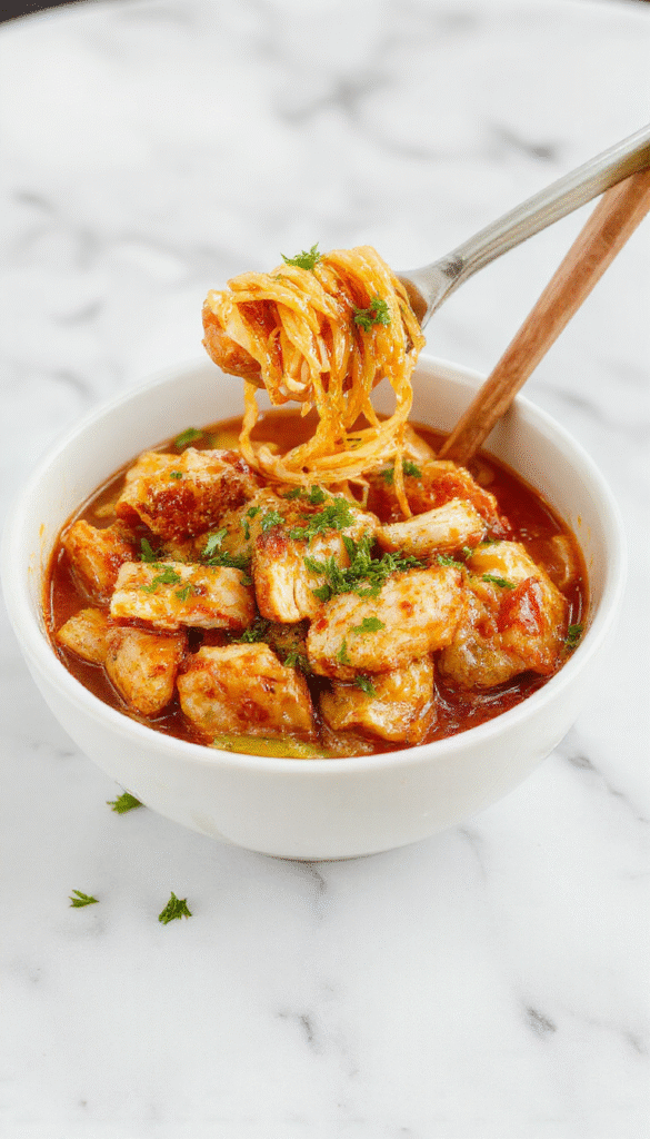 Colorful chicken ramen stir fry served in a sleek white bowl, featuring tender chicken slices, vibrant green scallions, orange carrots, and golden ramen noodles coated in a savory sauce with sesame seeds sprinkled on top, styled elegantly on a rustic wooden table.