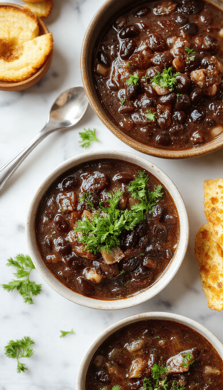 A vibrant bowl of black bean soup garnished with fresh cilantro, lime wedges, and diced tomatoes, presented on a rustic wooden table with a spoon resting beside it, showcasing a thick, velvety texture in warm shades of dark brown and black, complemented by bright green herbs and a hint of red from the tomatoes.