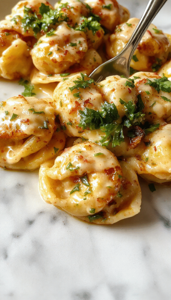 A vibrant plate of marry me tortellini featuring golden cheese-filled tortellini draped in a silky creamy herb sauce, garnished with fresh basil leaves on a rustic white plate, with a floral background and a sprinkle of grated Parmesan.
