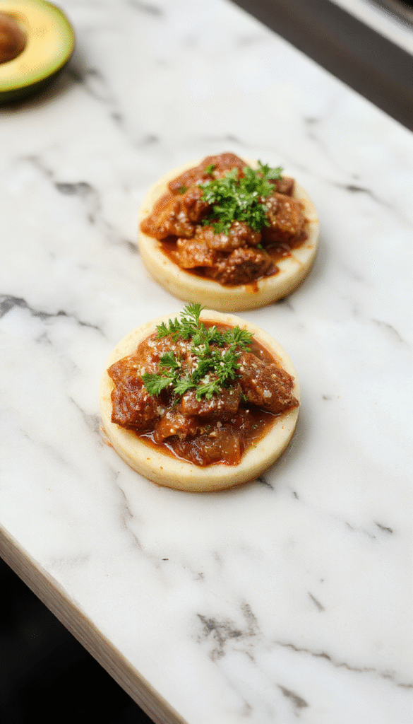 A rustic bowl of tender carne guisada beef stew garnished with chopped cilantro and diced onions on a wooden table, showcasing rich gravy, chunks of beef, and colorful peppers, styled for a home-cooked, inviting presentation.