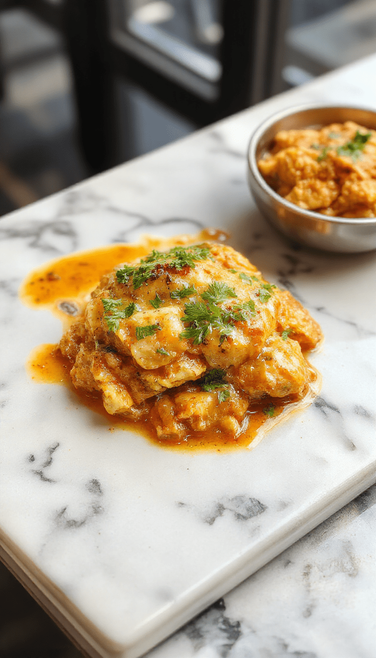 A vibrant bowl of chicken korma featuring tender chicken pieces immersed in a rich, creamy sauce with a golden-brown hue. Garnished with fresh coriander leaves, served alongside fluffy basmati rice. The dish is plated on a rustic wooden table with a sprinkling of chopped herbs and spices, showcasing textures from the smooth sauce to succulent chicken chunks.