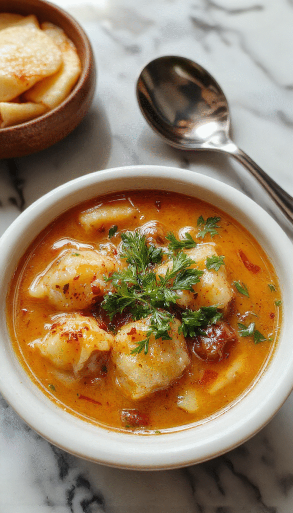 A vibrant bowl of curry dumpling soup with golden-brown steamed dumplings floating in a rich, orange-tinted curry broth, garnished with fresh herbs and sliced vegetables, presented on a rustic wooden table with a spoon ready for serving.