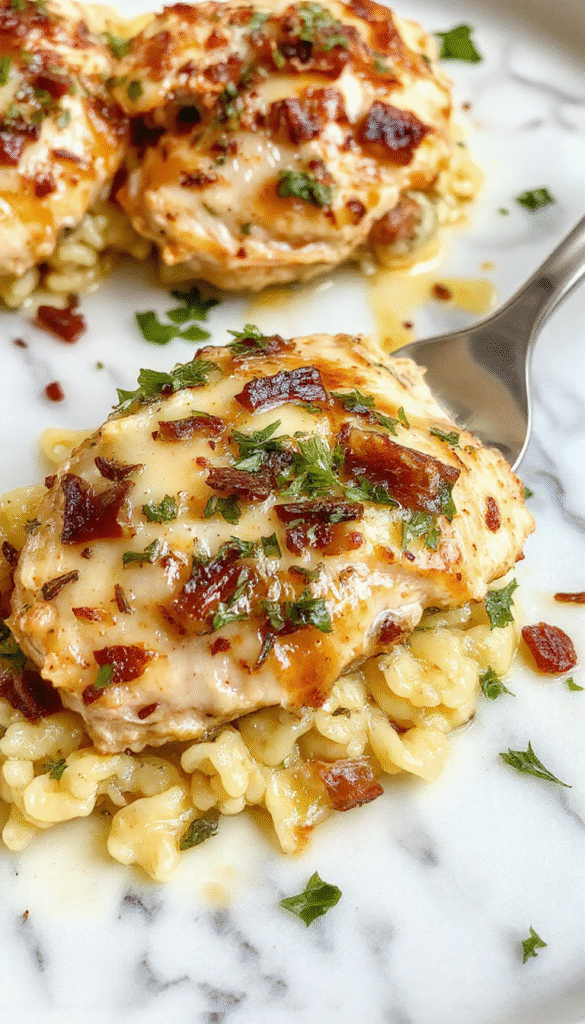 A close-up of a golden-brown French Onion Chicken Orzo Casserole in a white baking dish garnished with melted cheese and caramelized onion slices, with a backdrop of fresh herbs and a rustic wooden table, showcasing a creamy and cheesy texture with crispy edges.