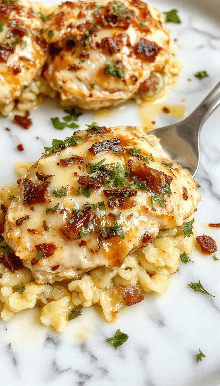 A close-up of a golden-brown French Onion Chicken Orzo Casserole in a white baking dish garnished with melted cheese and caramelized onion slices, with a backdrop of fresh herbs and a rustic wooden table, showcasing a creamy and cheesy texture with crispy edges.