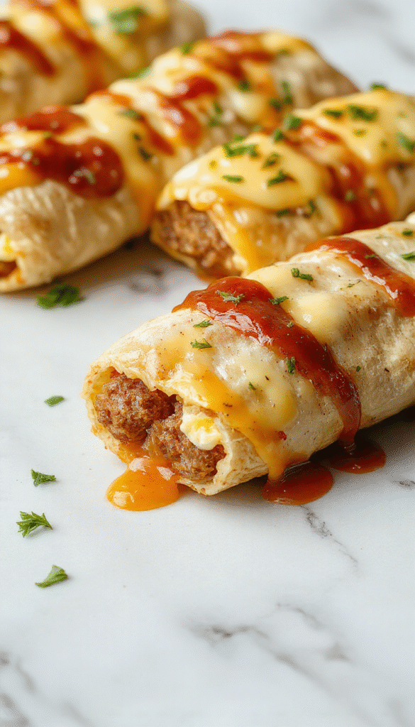 Colorful breakfast roll-ups arranged on a white plate featuring golden-brown sausage, fluffy scrambled eggs, melted cheese, and fresh herbs, with a side of crispy bacon and sliced tomatoes, styled on a rustic wooden table with breakfast utensils.