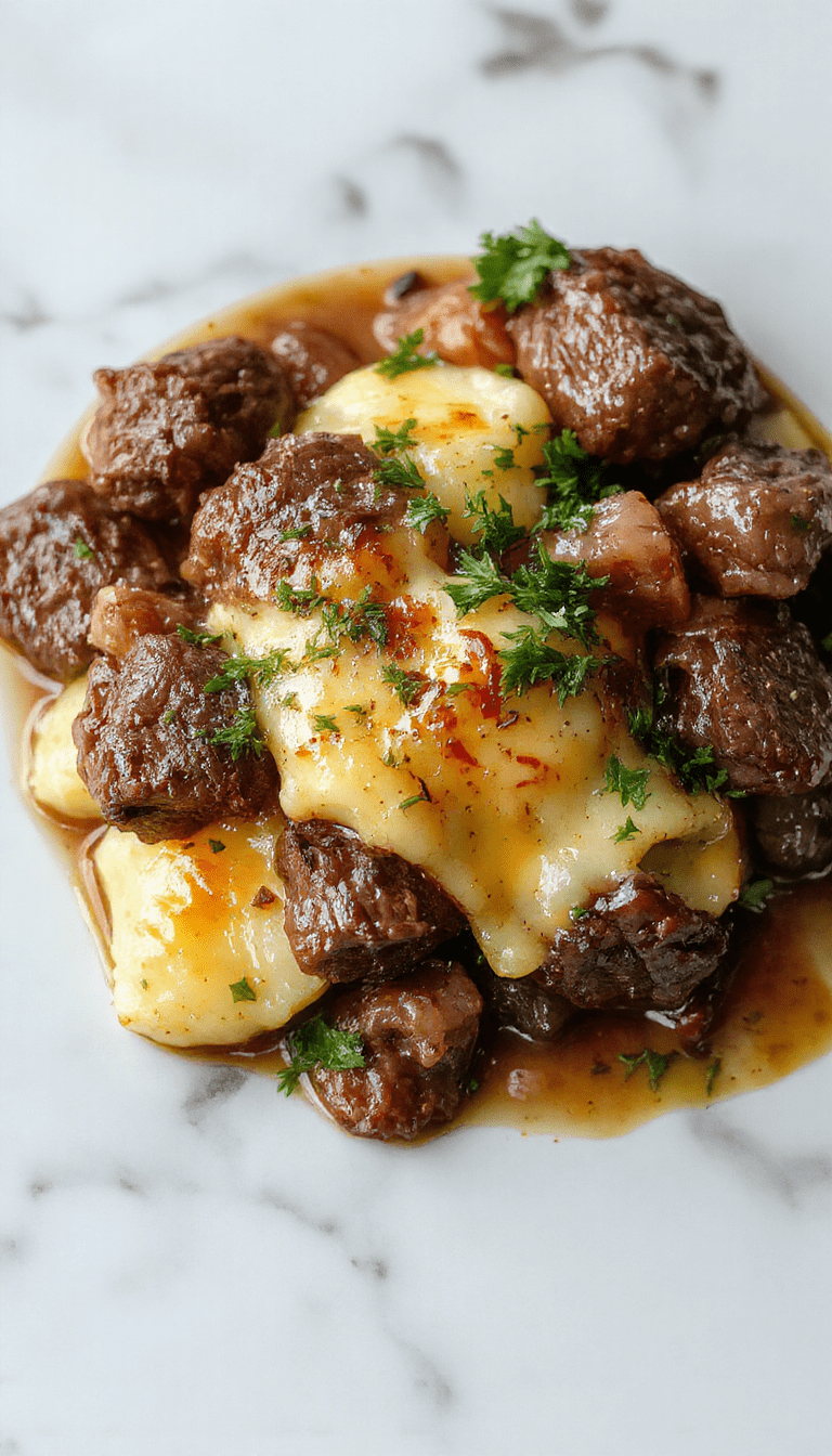 A hearty casserole dish with golden melted cheddar cheese atop tender chunks of beef, sliced potatoes with a crispy edge, garnished with fresh herbs, served in a rustic baking dish with steam rising, colorful ingredients contrasting with the creamy cheese topping, styled on a wooden table with a warm ambiance.