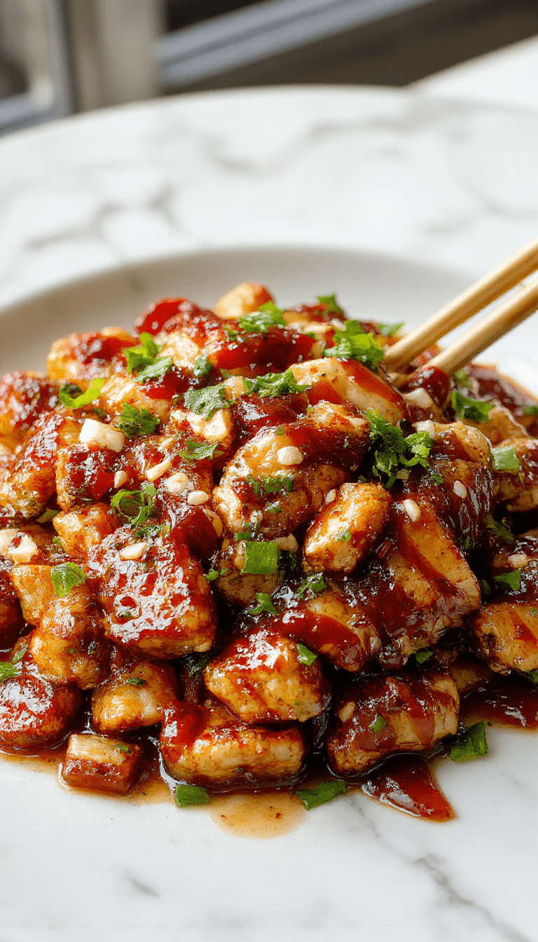 A vibrant plate of teriyaki chicken stir fry showcasing tender grilled chicken pieces coated in glossy, dark teriyaki sauce, colorful bell peppers, broccoli florets, and sliced carrots arranged artfully on a white ceramic dish, garnished with sesame seeds and chopped green onions, with a background of chopsticks and steamed rice.