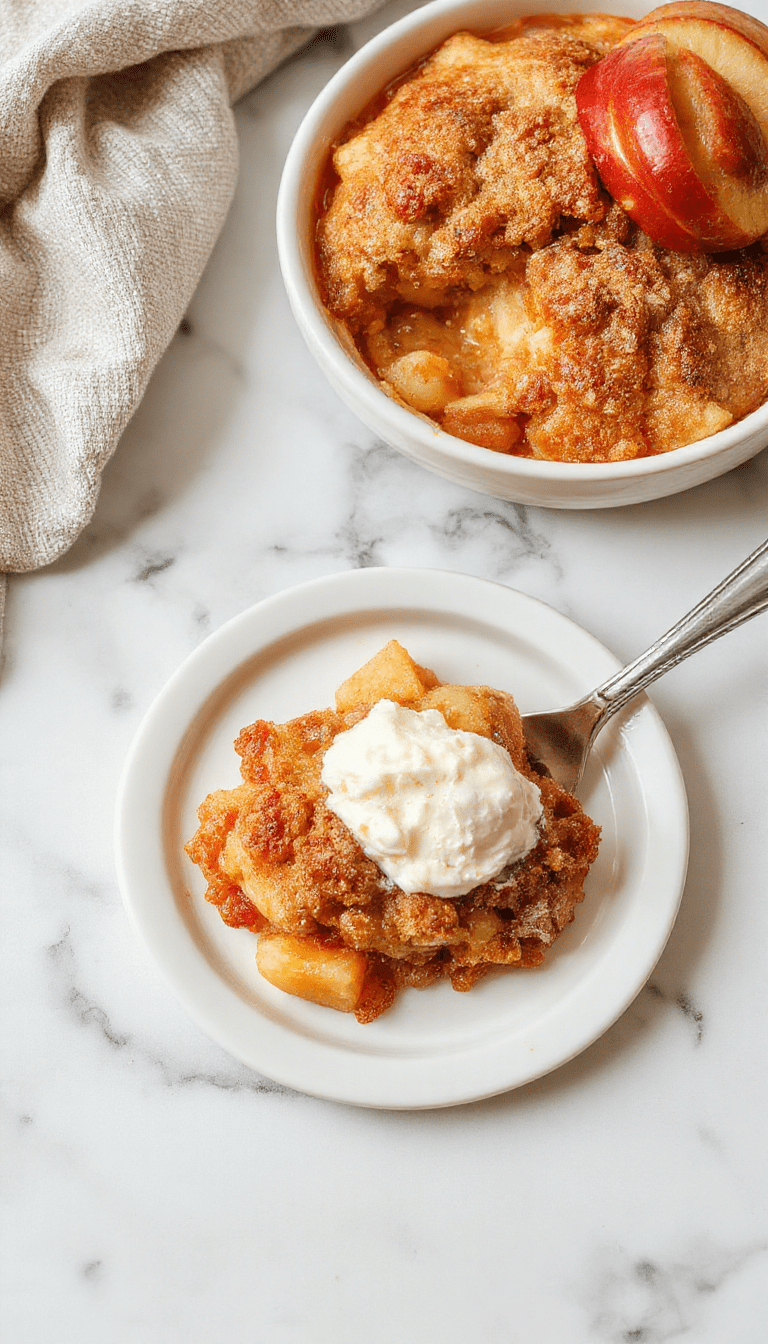 A rustic white plate holds a warm apple crisp topped with golden-brown oat streusel. Surrounding the dish are fresh apple slices and a sprinkle of cinnamon, with a cozy background of a wooden table and a fork resting on the side. The vibrant red apples contrast with the crispy, crumbly topping, creating an inviting, homey scene with soft natural lighting.