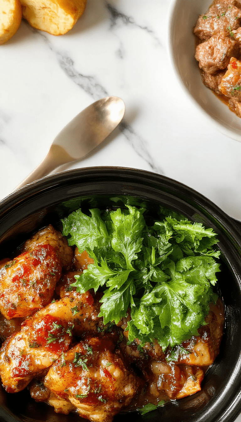 A colorful bowl filled with vibrant vegetables, tender cooked chicken, and herbs, arranged on a rustic wooden table with a slow cooker in the background, highlighting fresh ingredients and comforting textures.