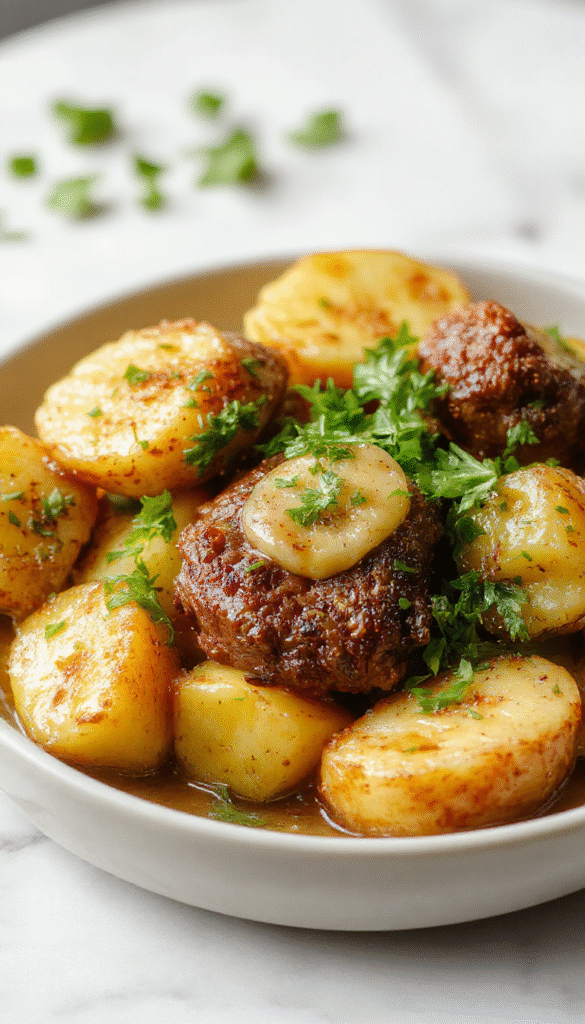 Colorful image of tender beef bites coated in garlic butter served alongside crispy roasted potatoes on a rustic wooden platter, garnished with fresh parsley.