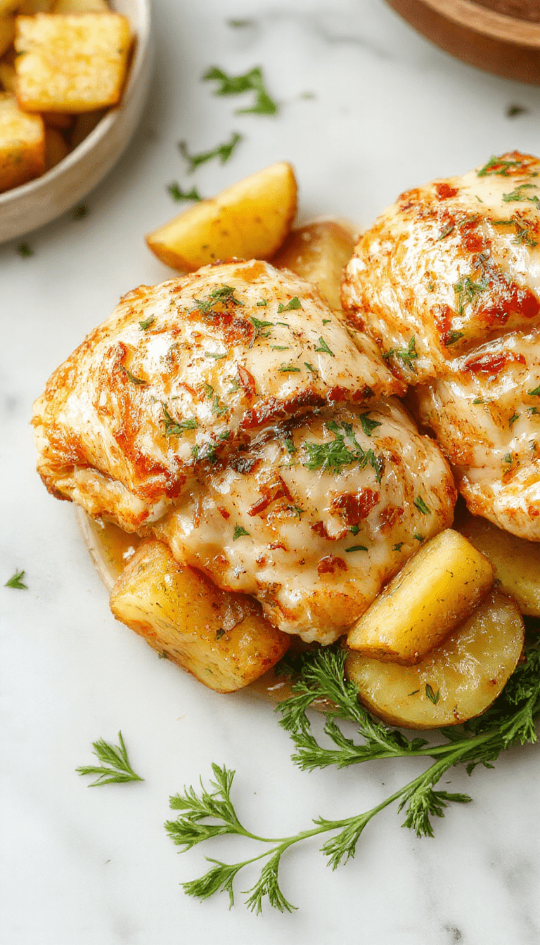 A delicious plate featuring tender garlic parmesan chicken breasts topped with melted cheese, surrounded by crispy roasted potatoes and fresh parsley. The dish is elegantly plated on a white ceramic plate with a rustic wooden background, showcasing vibrant golden-brown textures, creamy sauce, and sprinkled herbs