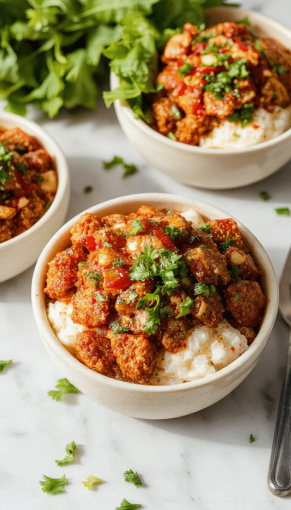 Colorful ground turkey rice bowl with spicy Bang Bang sauce, topped with chopped scallions and sesame seeds, served on a white plate with vibrant ingredients visible.