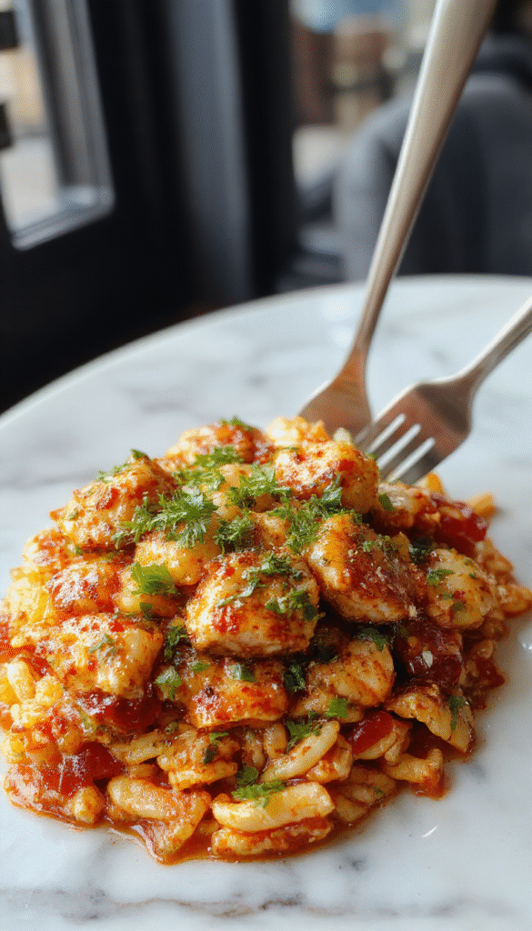 A vibrant plate of Cajun chicken orzo featuring tender grilled chicken pieces coated in rich Cajun spices, nestled beside al dente orzo pasta mixed with colorful bell peppers and herbs, garnished with fresh parsley, served on a rustic white plate with a smoked paprika sprinkle, highlighting the bold and spicy flavors of the dish.