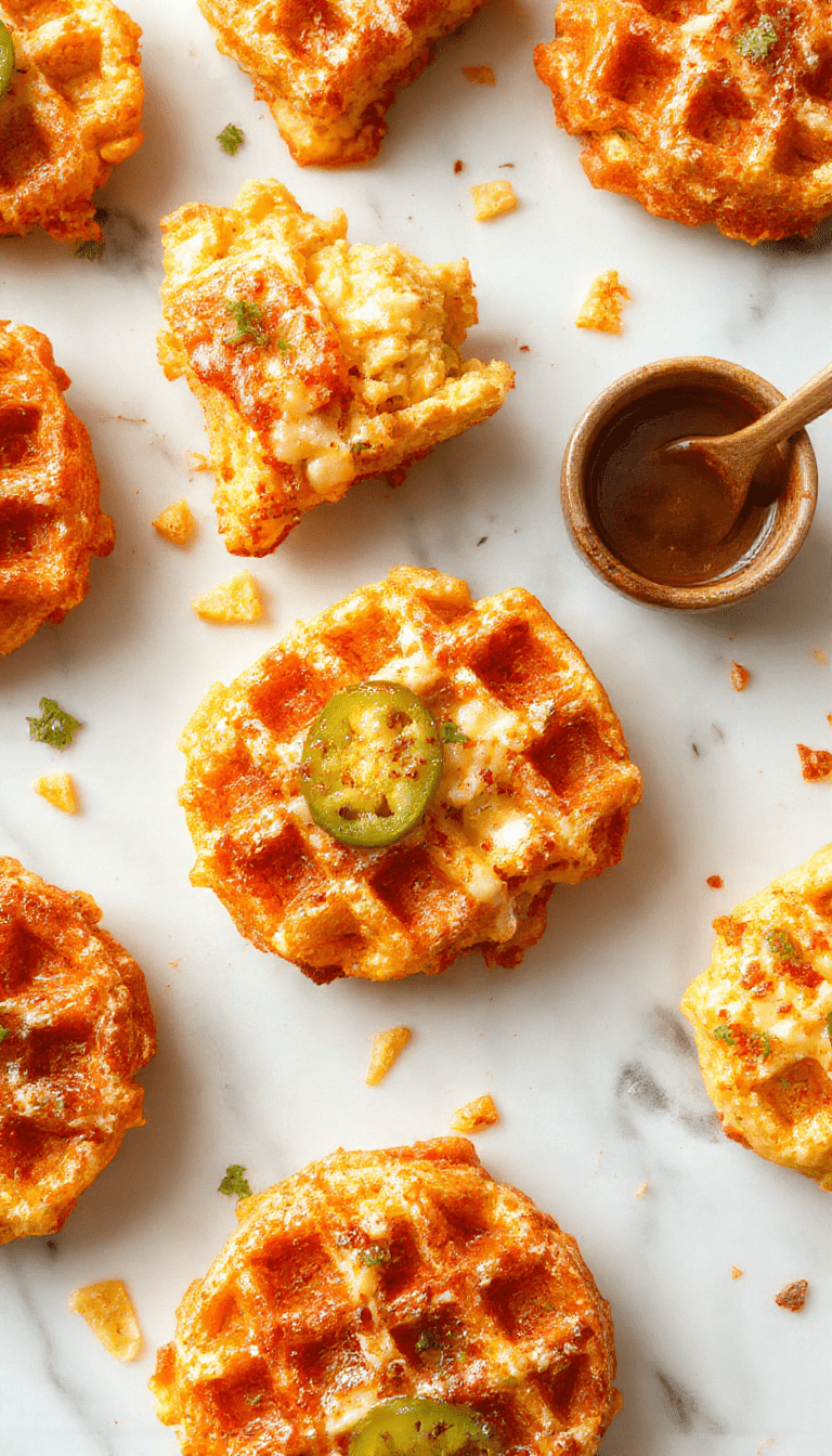 A golden-brown waffle topped with melted cheddar cheese, sliced jalapeños, and fresh herbs, served on a rustic white plate with a drizzle of honey and a side of salsa, with a background of a cozy kitchen setting