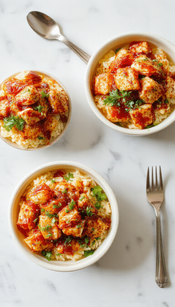 Colorful honey chipotle chicken rice bowls featuring tender grilled chicken coated in a vibrant honey chipotle glaze, placed on fluffy white rice. Garnished with fresh cilantro, slices of lime, and chopped jalapenos, the dish is beautifully plated in a rustic bowl, with a drizzle of sauce and scattered herbs adding a pop of green and red accents. The textures look juicy, smoky, and inviting, perfect for a crave-worthy meal.