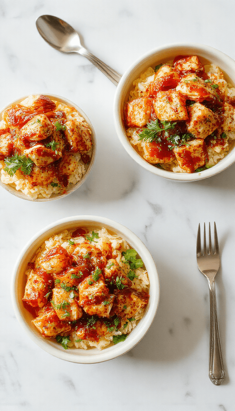 Colorful honey chipotle chicken rice bowls featuring tender grilled chicken coated in a vibrant honey chipotle glaze, placed on fluffy white rice. Garnished with fresh cilantro, slices of lime, and chopped jalapenos, the dish is beautifully plated in a rustic bowl, with a drizzle of sauce and scattered herbs adding a pop of green and red accents. The textures look juicy, smoky, and inviting, perfect for a crave-worthy meal.