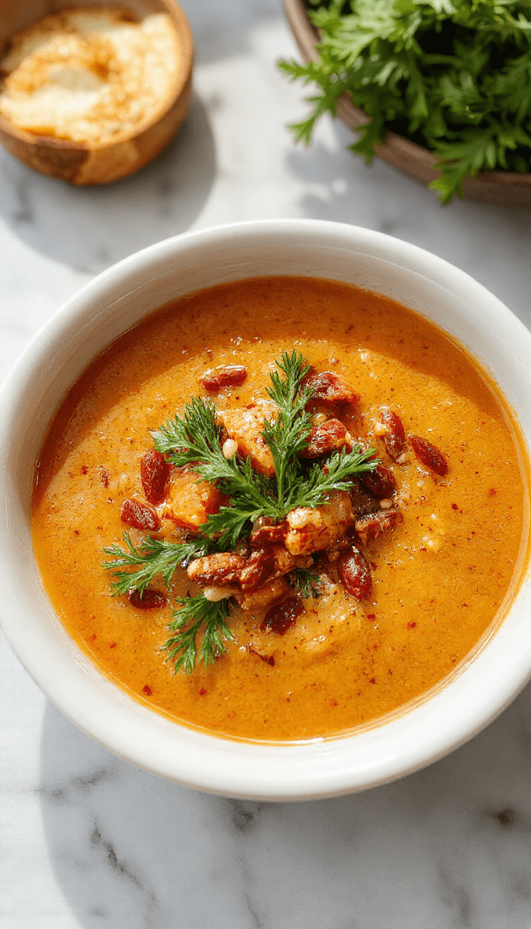 A vibrant, steaming bowl of orange carrot soup garnished with toasted sesame seeds and fresh herbs. The soup has a smooth texture with visible bits of red lentils, served in a rustic white bowl on a wooden surface, with a drizzle of sesame oil and colorful side garnishes for visual appeal.