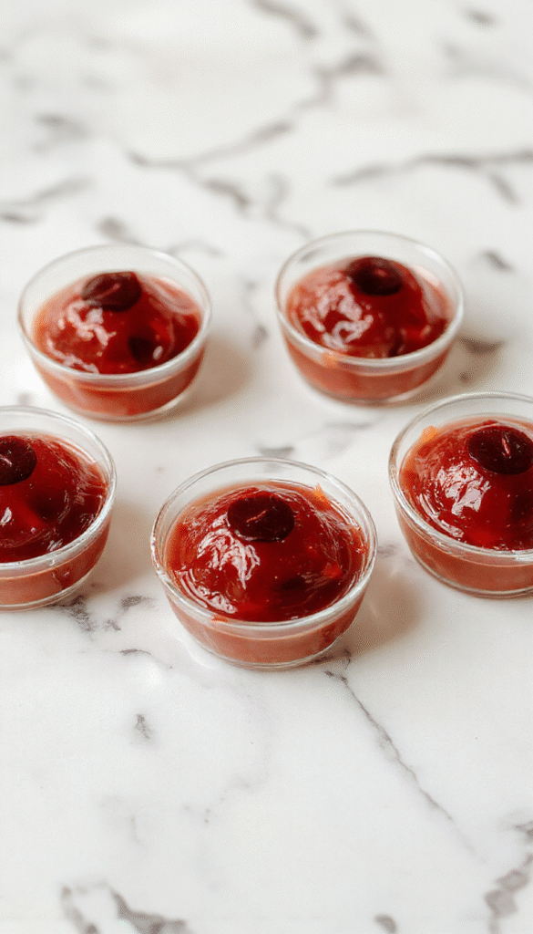 A close-up of eerie Halloween gelatin shots resembling bloody eyeballs, featuring red and white colors, glossy textures, and realistic eyeball details with veins and pupils, presented in small clear cups with a dark background and spooky decorations.