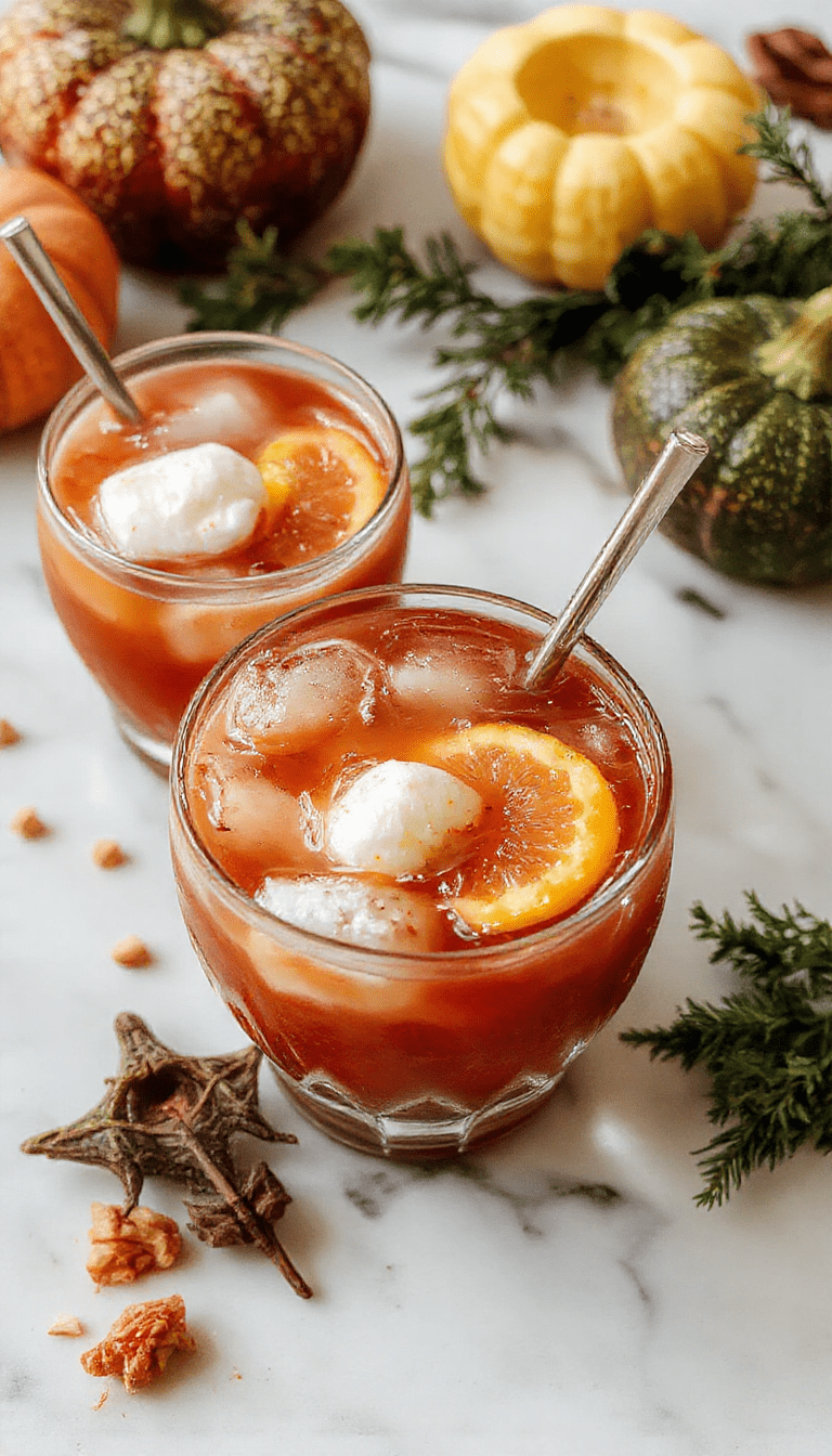 A vibrant Halloween punch served in a clear glass bowl with swirling purple and orange hues, garnished with spooky eyeball candies, gummy worms, and illuminated by floating dry ice fog, set on a black countertop with Halloween decorations in the background.