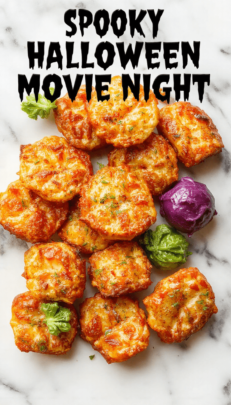 A vibrant and spooky Halloween movie night setup featuring orange and black themed snack bowls filled with creepy-looking popcorn balls, monster-shaped cookies, and eerie green gummy worms on a dark table with bat and ghost decoration accents