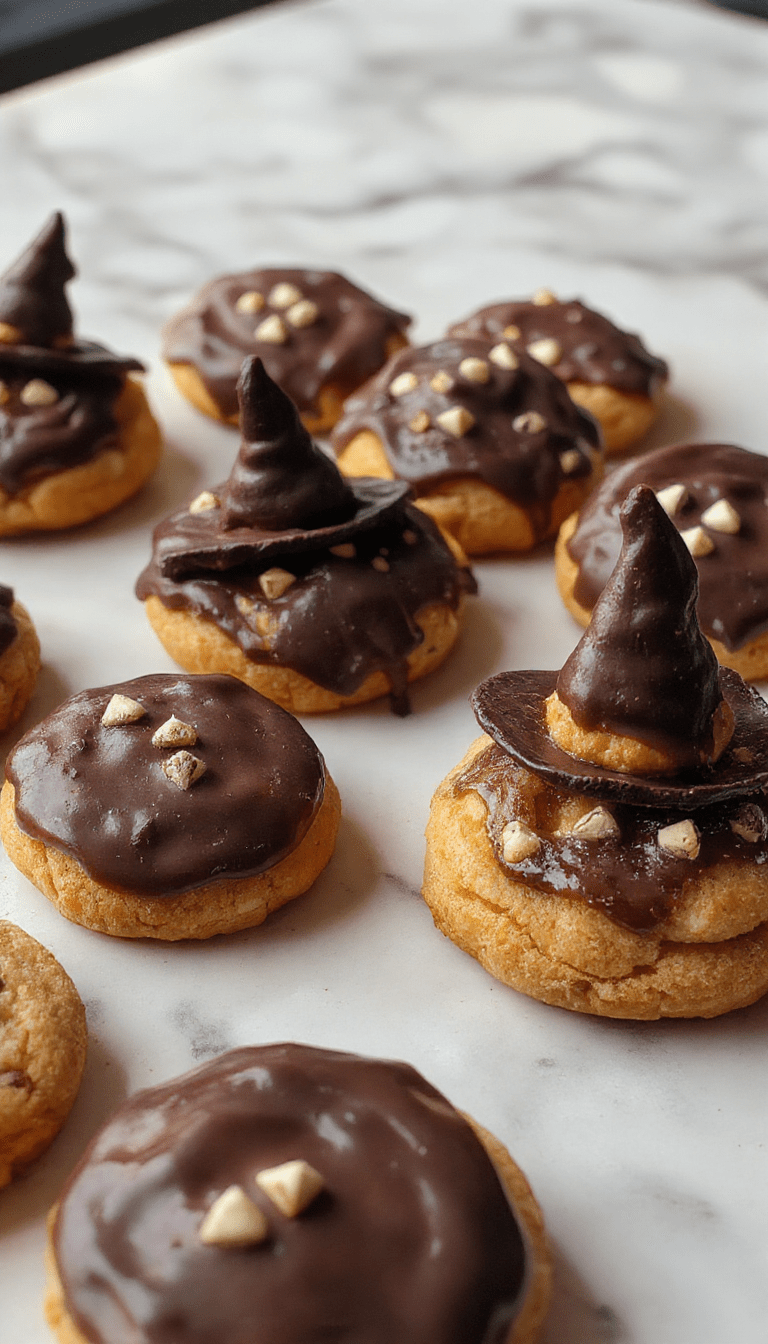 Colorful Halloween-themed cookies arranged on a black platter, decorated with orange and black icing, shaped like witches hats and broomsticks, with sprinkles and edible glitter adding sparkle, set against a dark festive background.