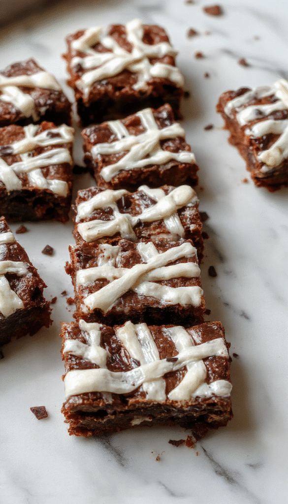 Colorful Halloween-themed brownies decorated as spooky mummies with white icing bandages, candy eyes, and a dark chocolate background, styled on a rustic wooden surface with festive decorations.