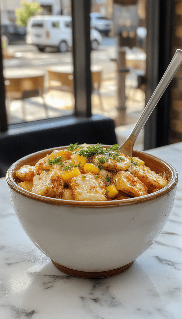 A vibrant chicken rice bowl featuring tender grilled chicken pieces topped with roasted street corn kernels, chopped fresh cilantro, and crumbled cheese arranged artistically on a white ceramic plate against a rustic wooden background, with colorful side garnishes and a drizzle of lime juice.