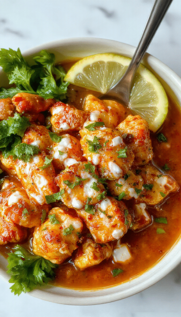 Colorful chicken bowls topped with vibrant red sweet chili sauce, garnished with fresh lime wedges, shredded coconut, green herbs, and served on a white plate with a drizzle of lime coconut sauce, creating a lively and inviting presentation