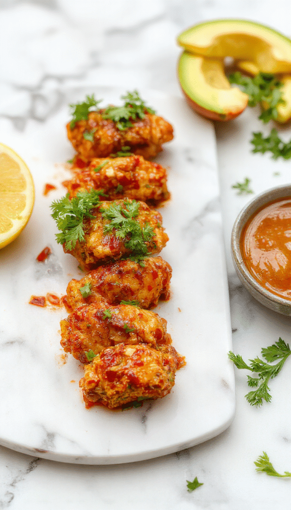 A vibrant plate of sweet chili chicken featuring crispy glazed chicken pieces drizzled with glossy, bright red and orange chili glaze, garnished with fresh green cilantro and sliced red chilies, served on a white ceramic dish with a rustic wooden background, highlighting the crispy texture and colorful presentation.